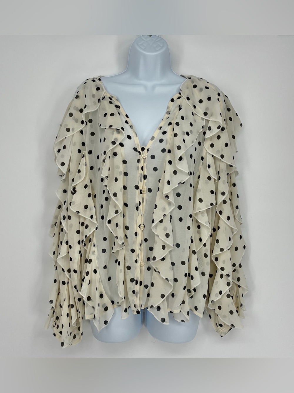JS Millenium Polka Dot Ruffle Blouse V Neck Sheer Boho Statement Shirt Small S